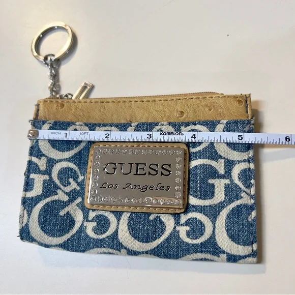 Guess Denim Blue Zipper Closure faux ostrich leather trim Keychain Coins Wallet - Picture 8 of 10